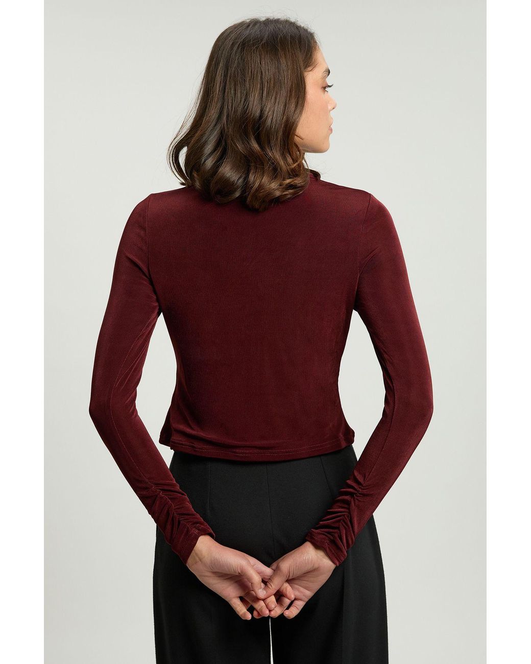 Karen Millen Red Slinky Crepe Twist Detail Long Sleeve Top