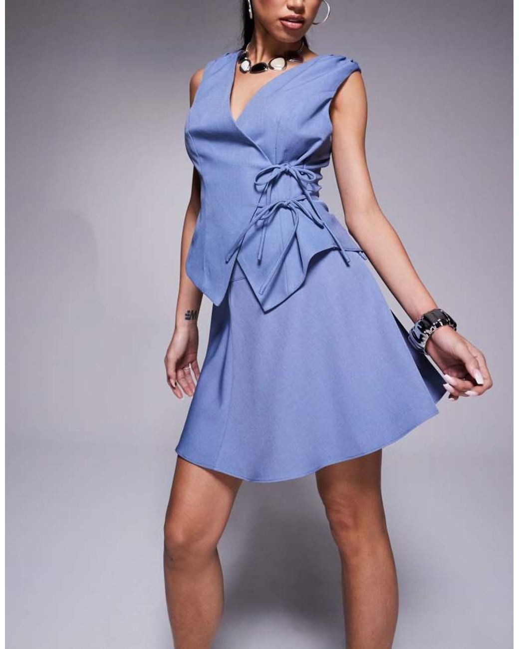 Kaiia Blue Exclusive Tie Side Detail Floaty Mini Skirt Co-Ord