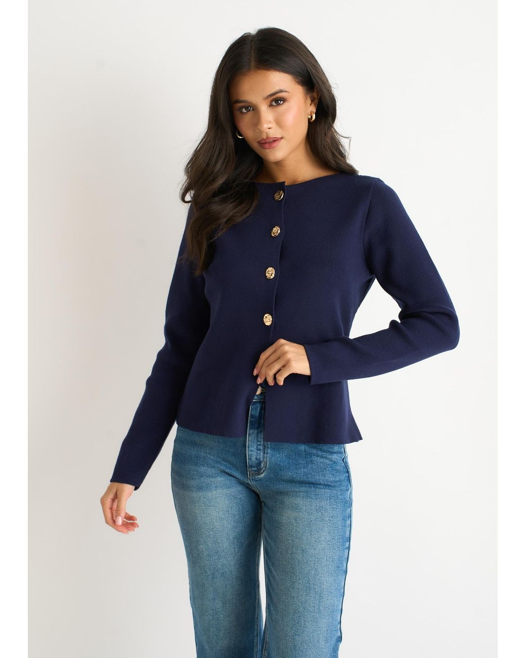 Gini London Blue Buttons Ribbed Knit Cardigan