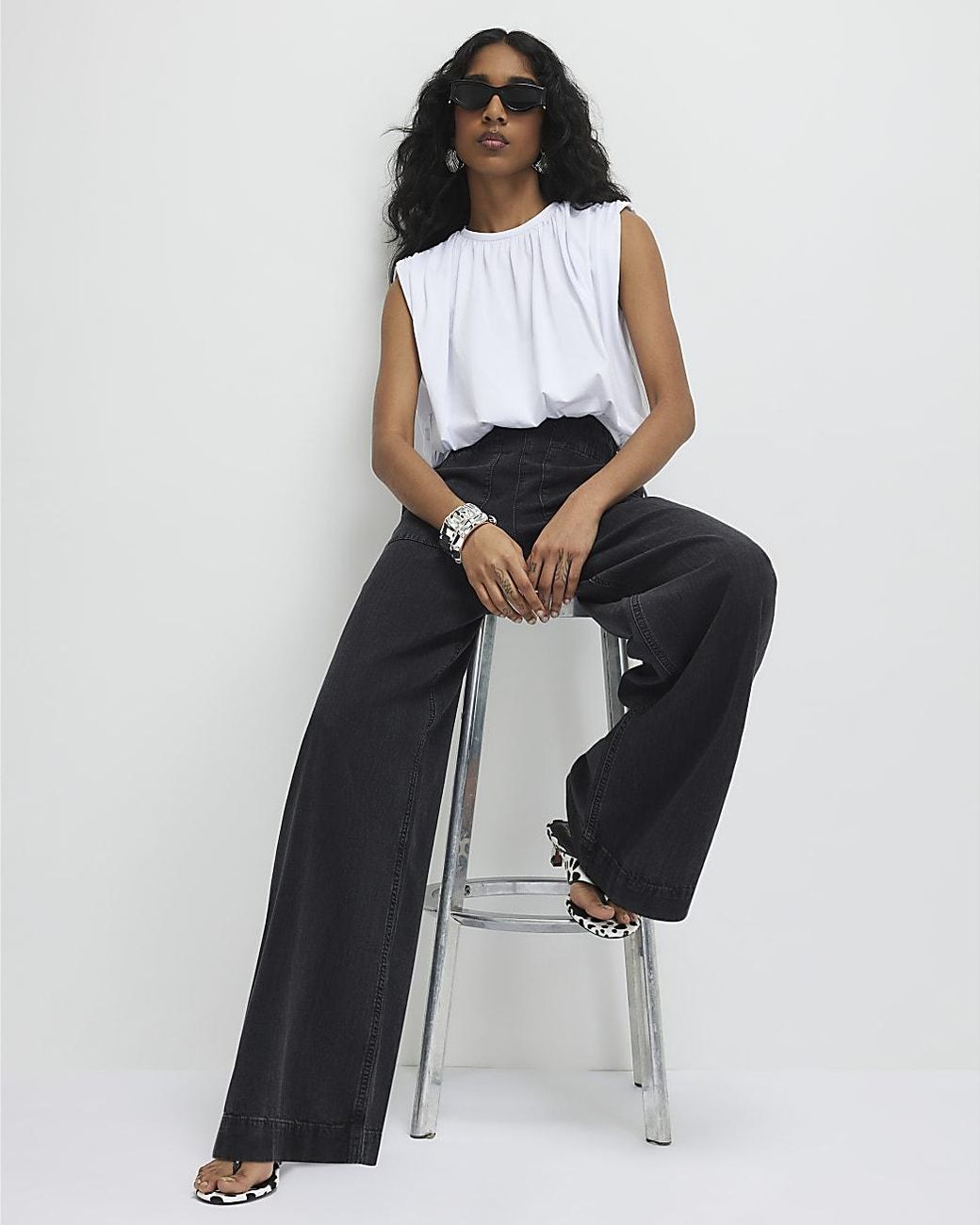 River Island Black Wide Leg Jeans Pull On Elasticated Cotton