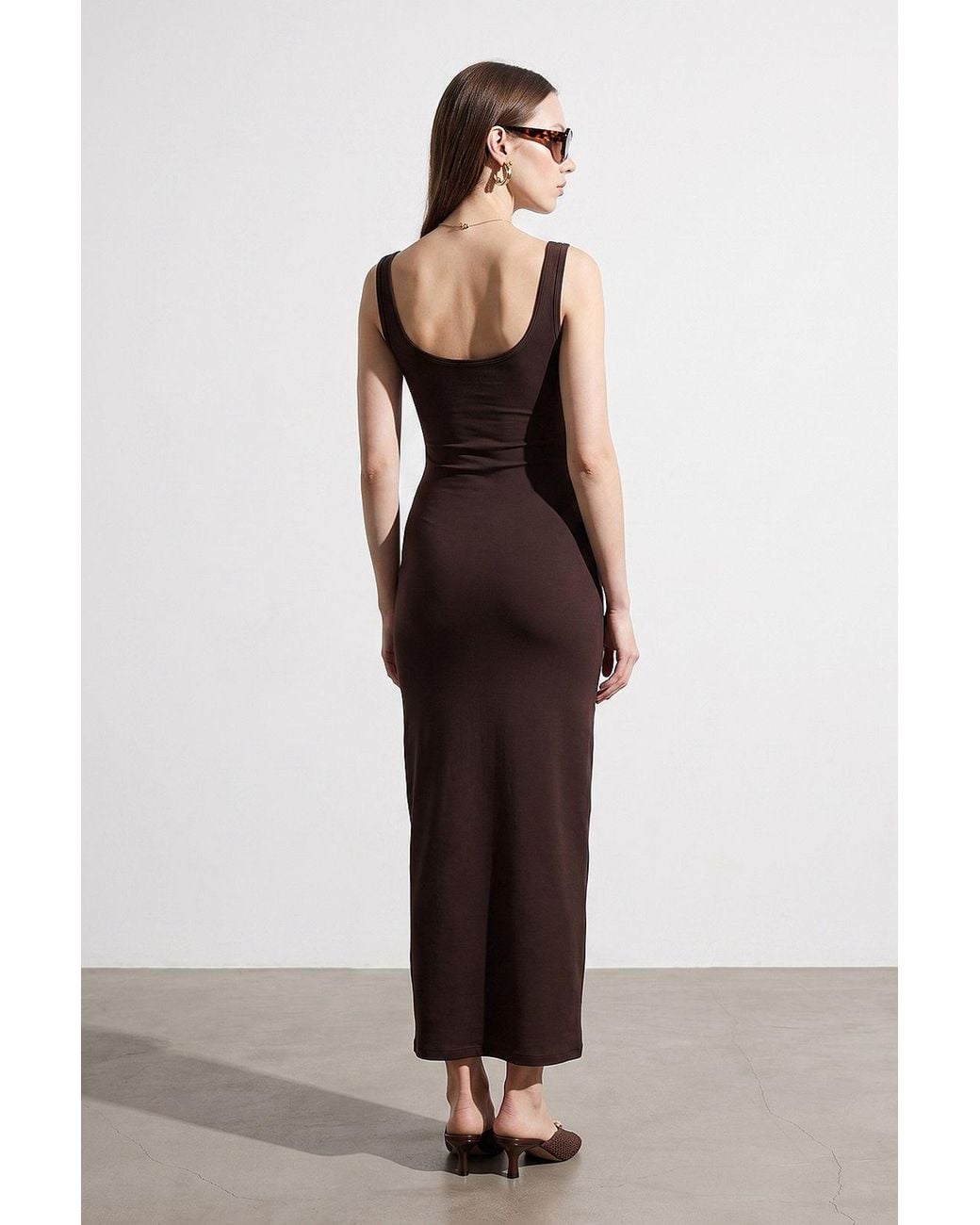 Dilvin Brown Sleeveless Bodycon Midi Dress