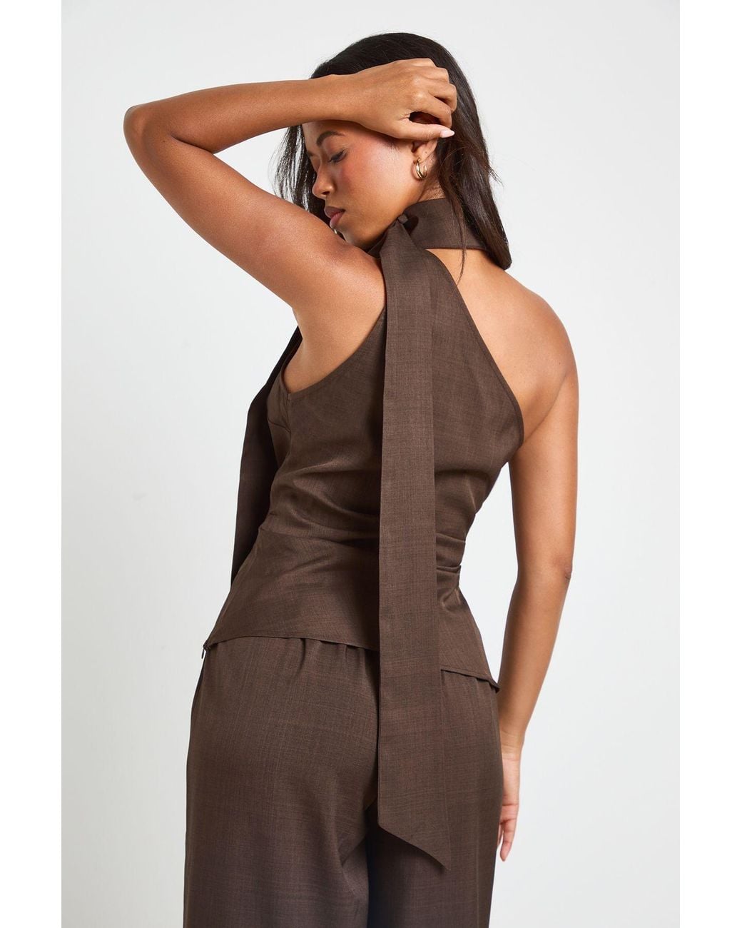 Boohoo Brown Crepe Scarf Top And Wide Leg Trouser Co-Ord Set