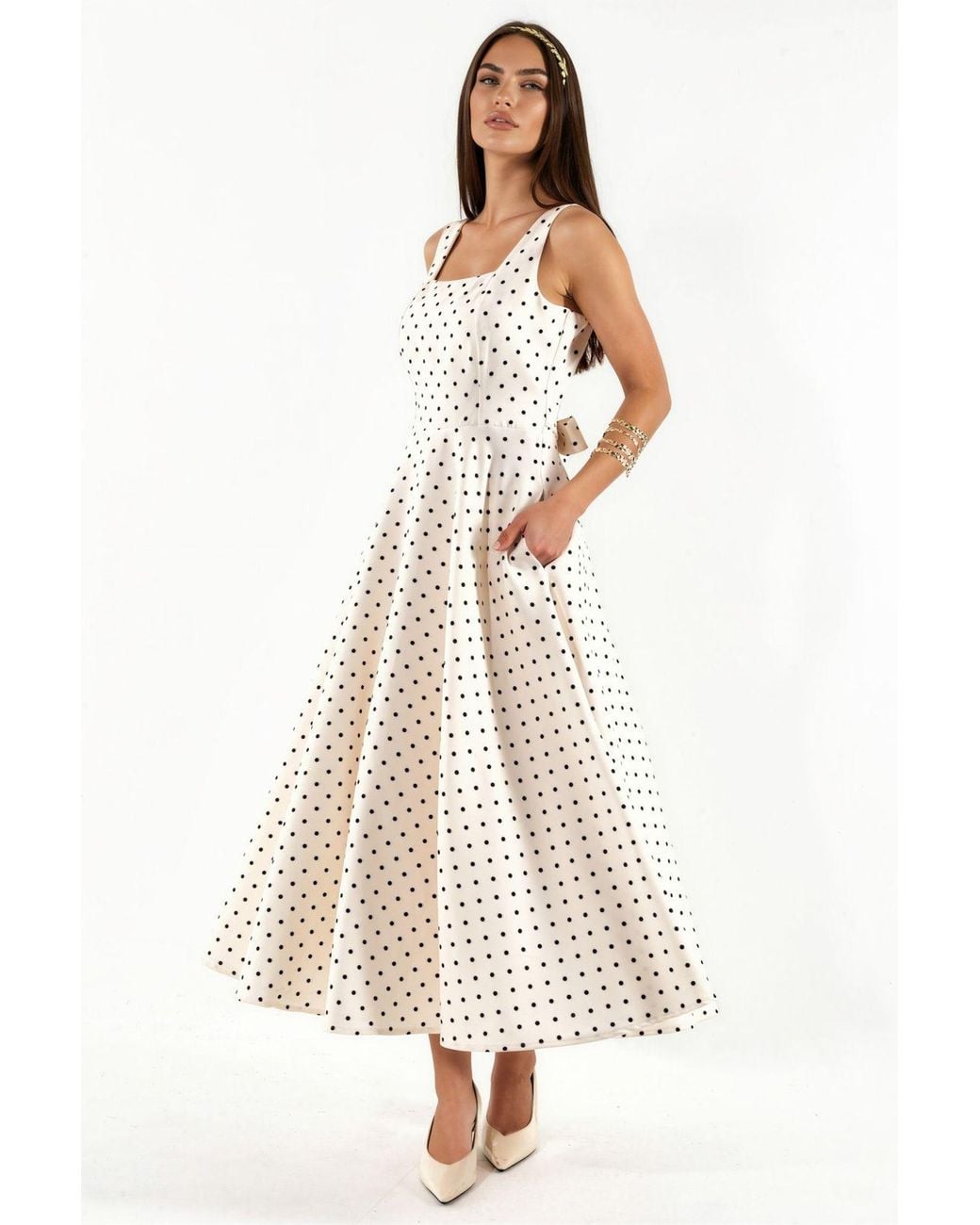 Hiccup Natural Polka Dot Tie Detail Midi Dress