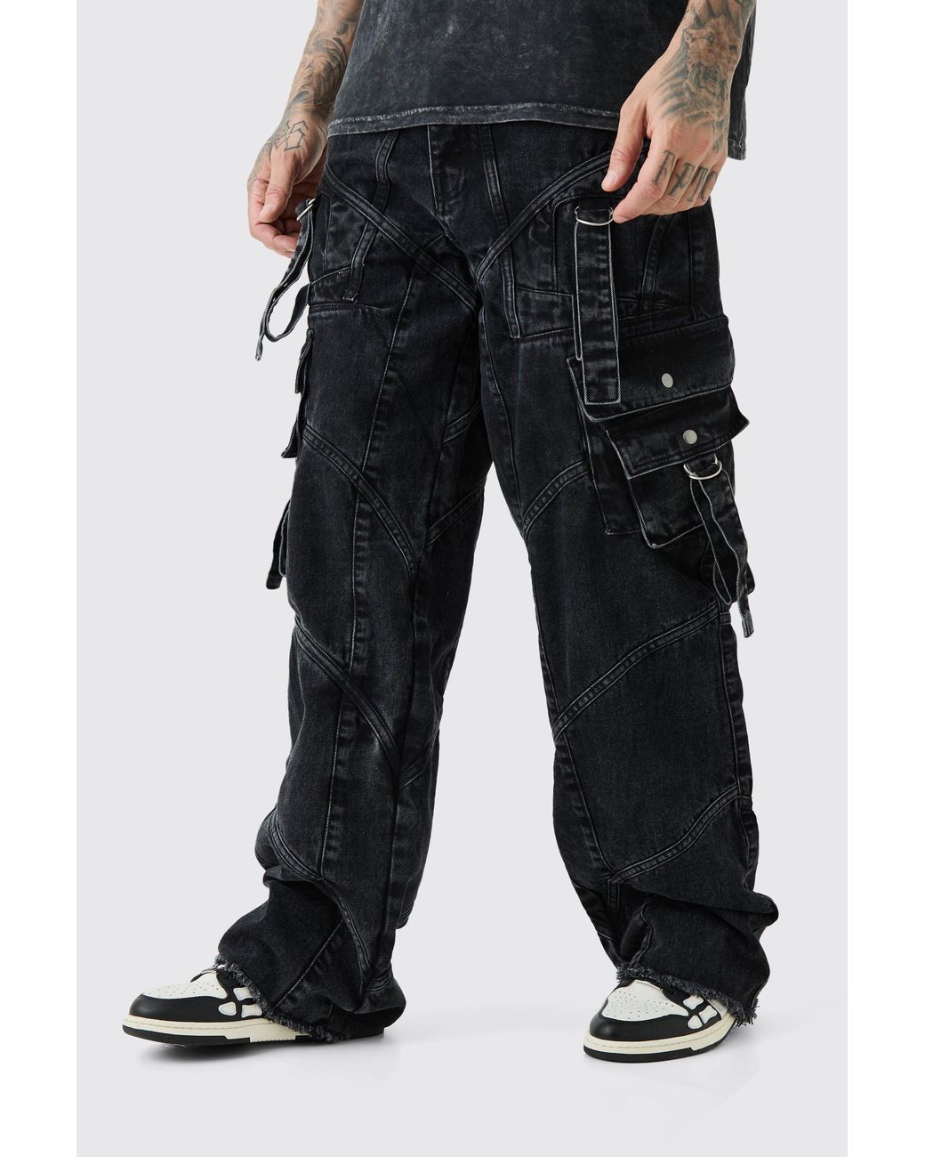 BoohooMAN Black Tall Baggy Strap And Buckle Detail Jeans for men