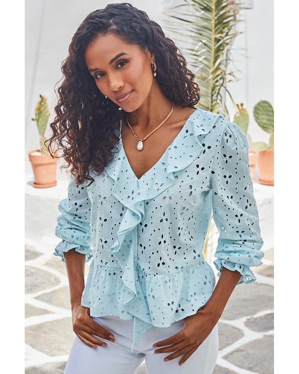 Sosandar Blue Pastel Broderie Ruffle Detail Cotton Blouse