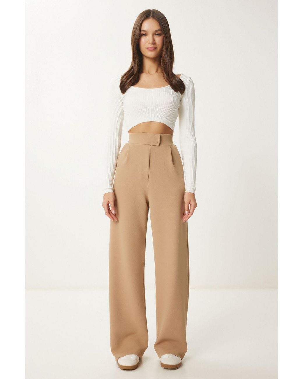 Happiness İstanbul Natural High Waist Textured Palazzo Pants