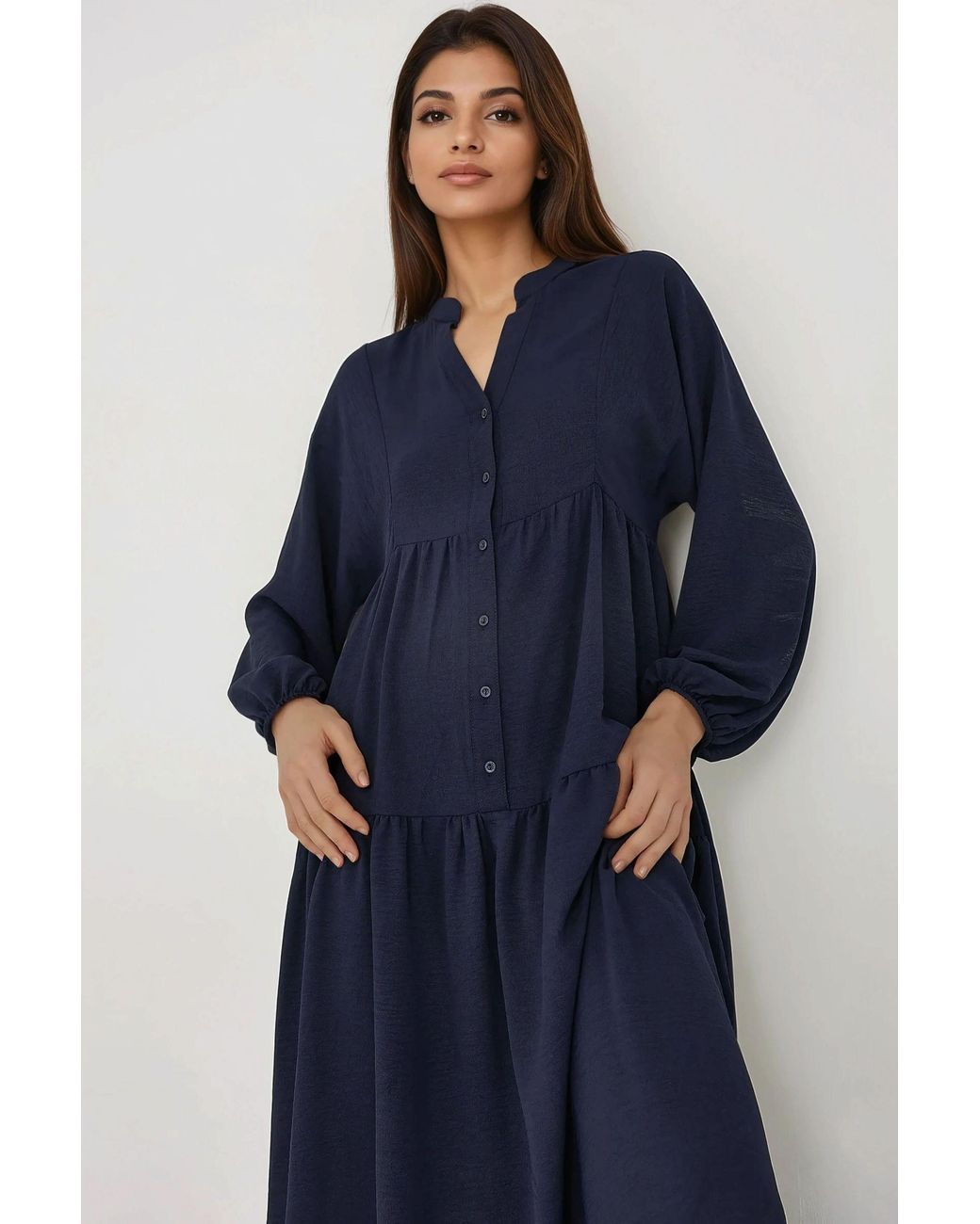 Hiccup Blue Textured V-Neck Maxi Dress With Button Detail