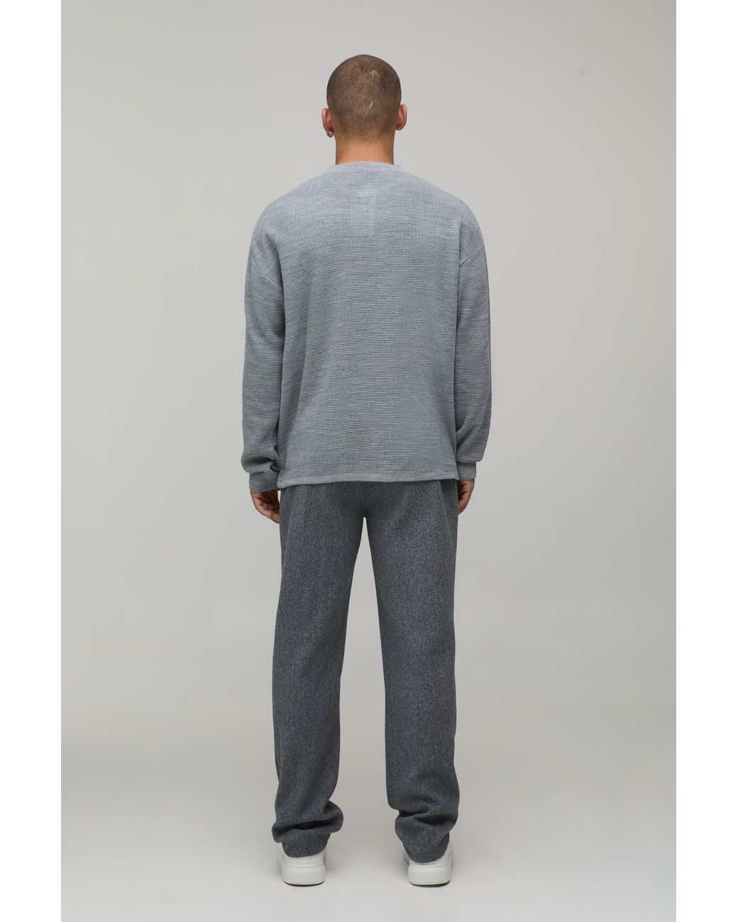 BoohooMAN Gray Essential Relaxed Fit Henley Waffle Knitted T-Shirt for men