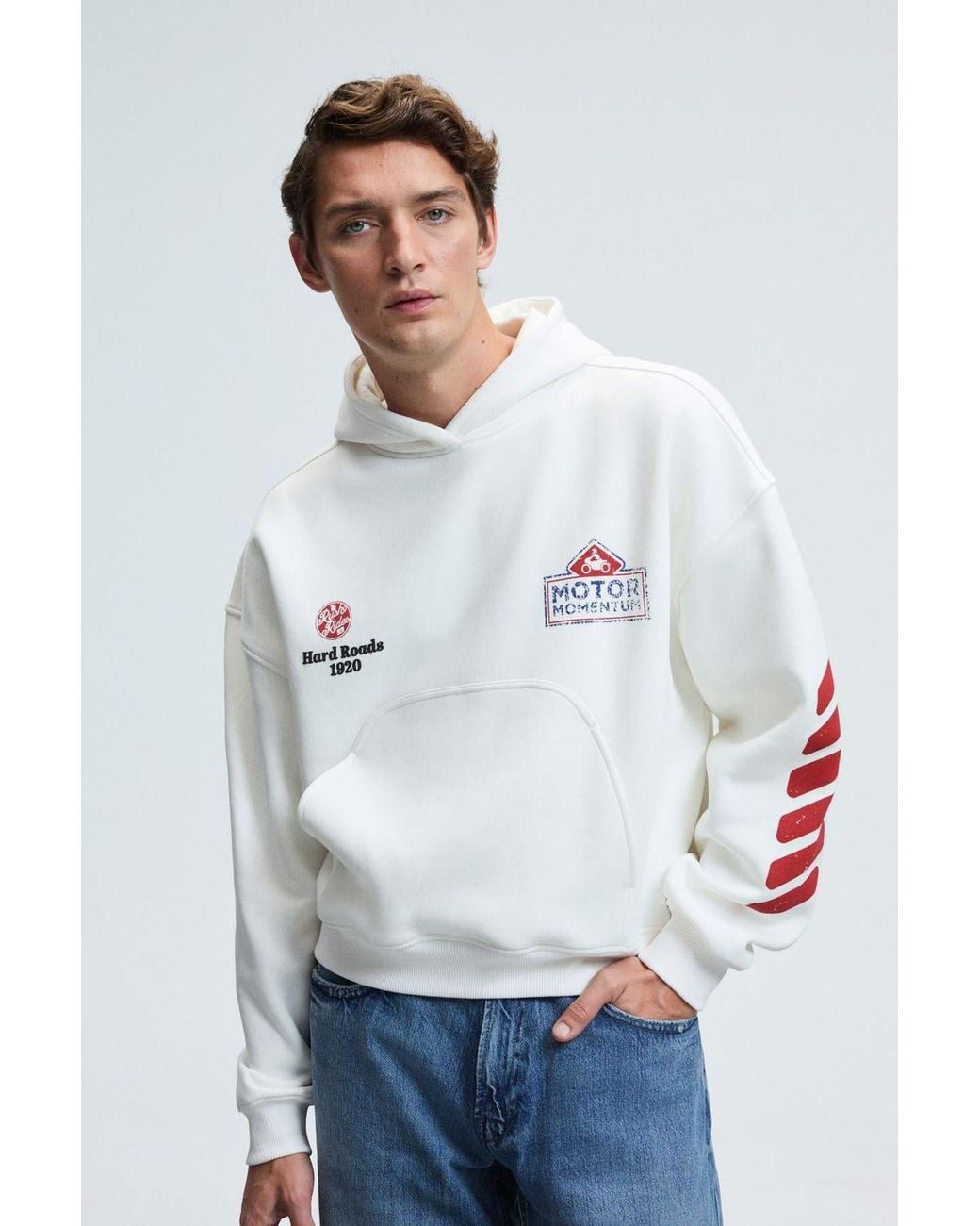 Grimelange Blue Printed Hooded Relaxed Sweatshirt for men