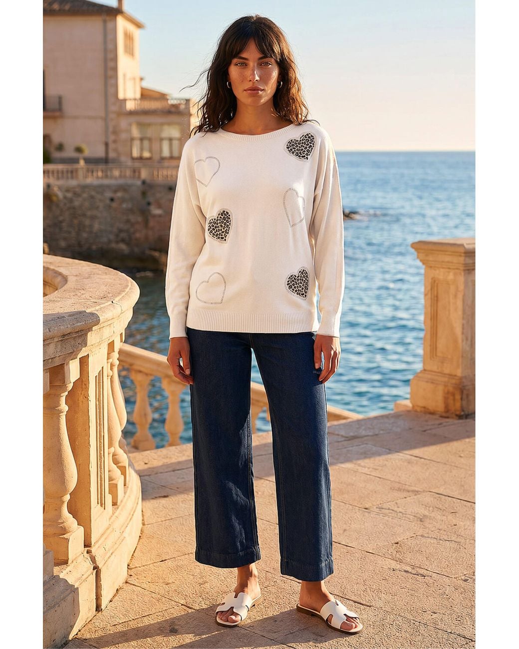 Roman Natural Animal Heart Print Embellished Knit Jumper