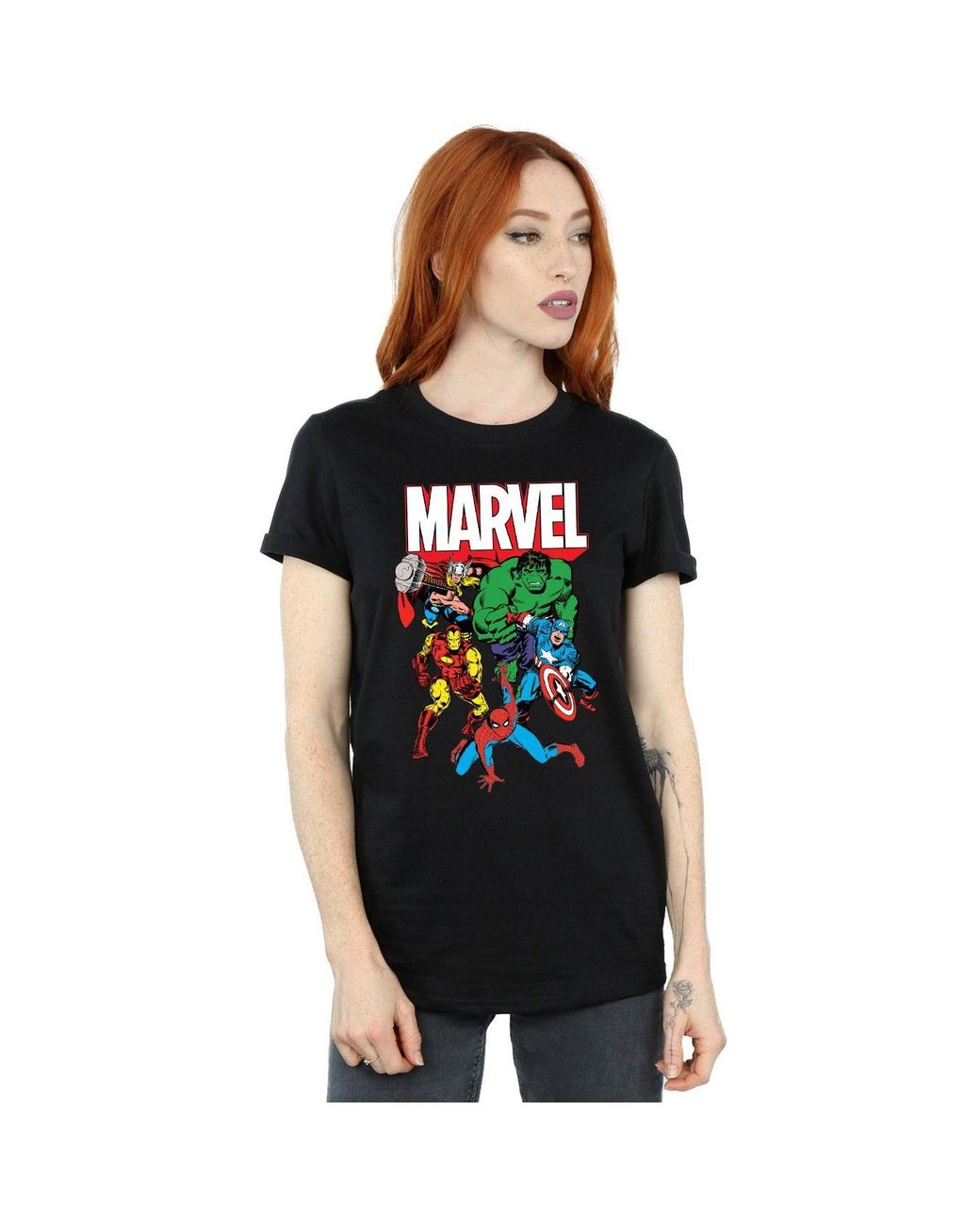 Marvel Black Ladies Hero Group Cotton Boyfriend T-Shirt