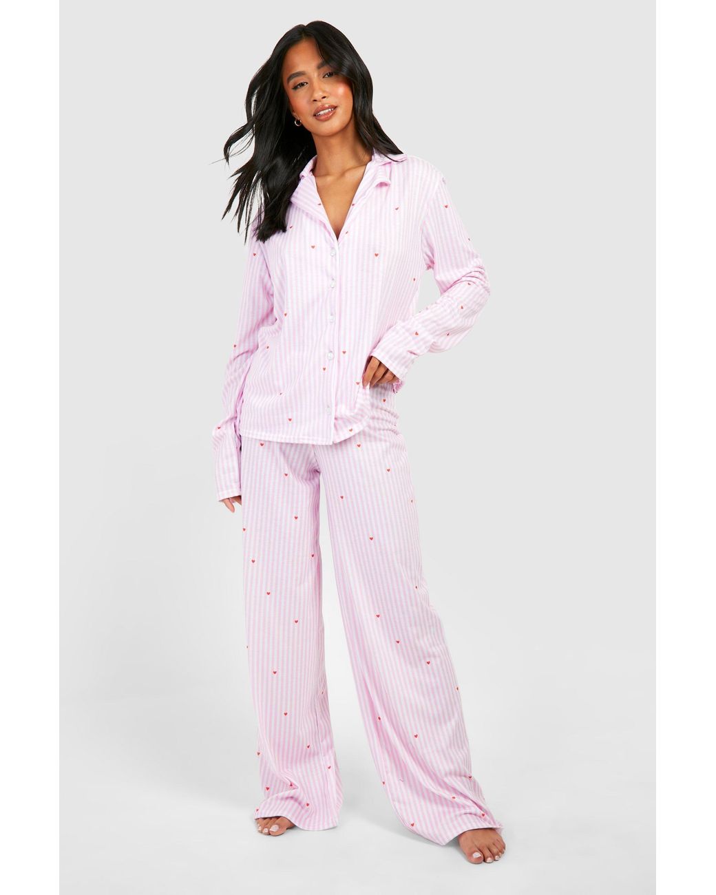 Boohoo Pink Petite Love Heart Pinstripe Pyjama Set
