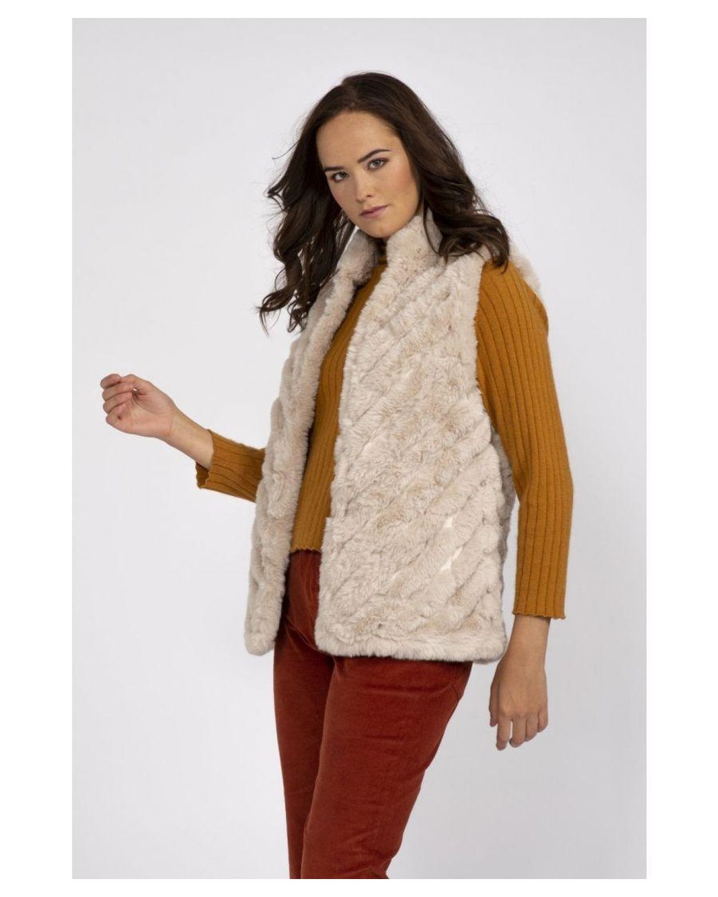 Jayley Natural Faux Fur Suede Diagonal Stripe Gilet