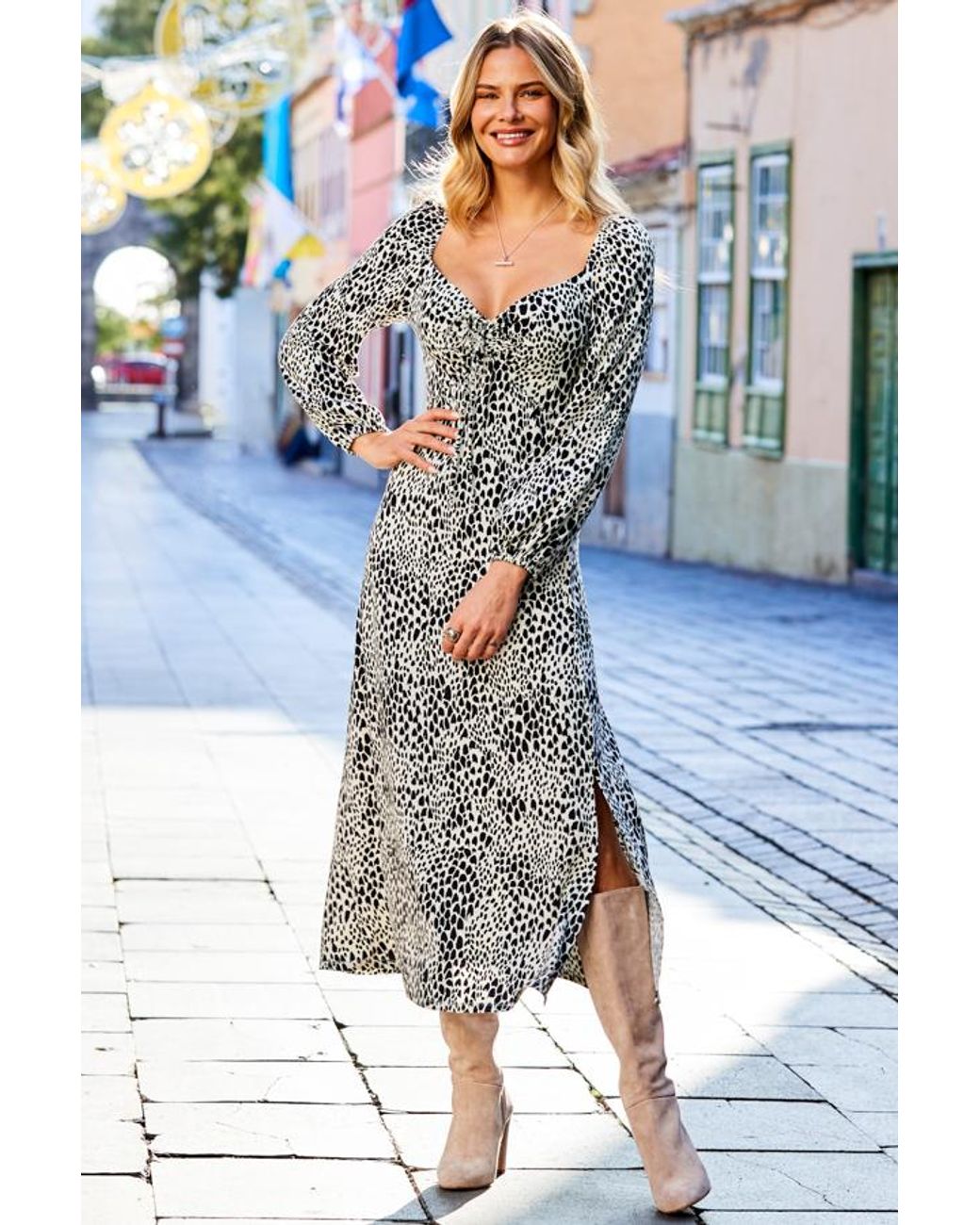 Sosandar Blue Animal Print Tie Detail Midi Jersey Dress
