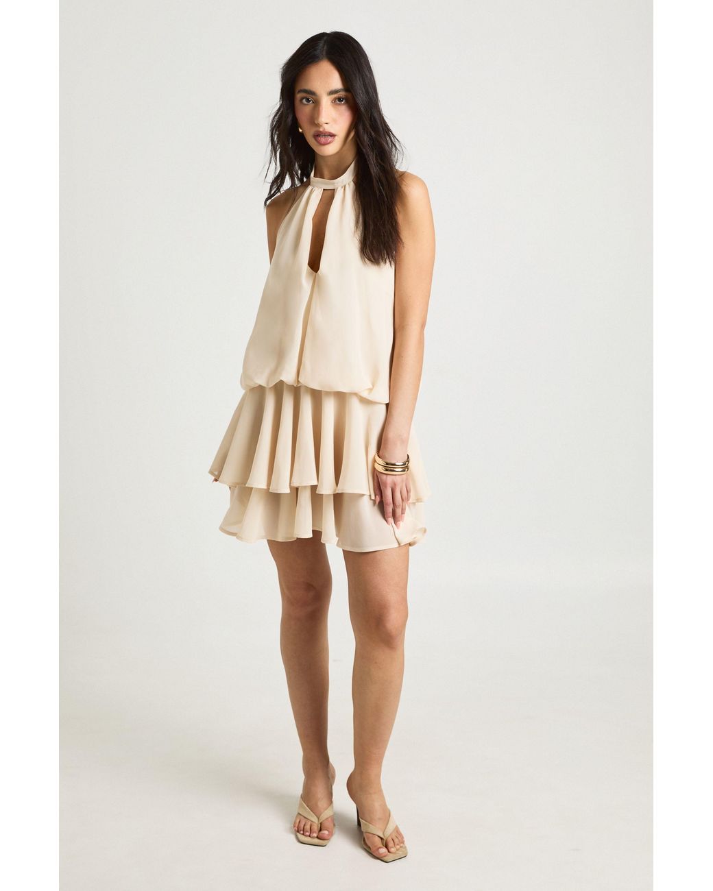 Boohoo Natural Chiffon High Neck Frill Skirt Mini Dress