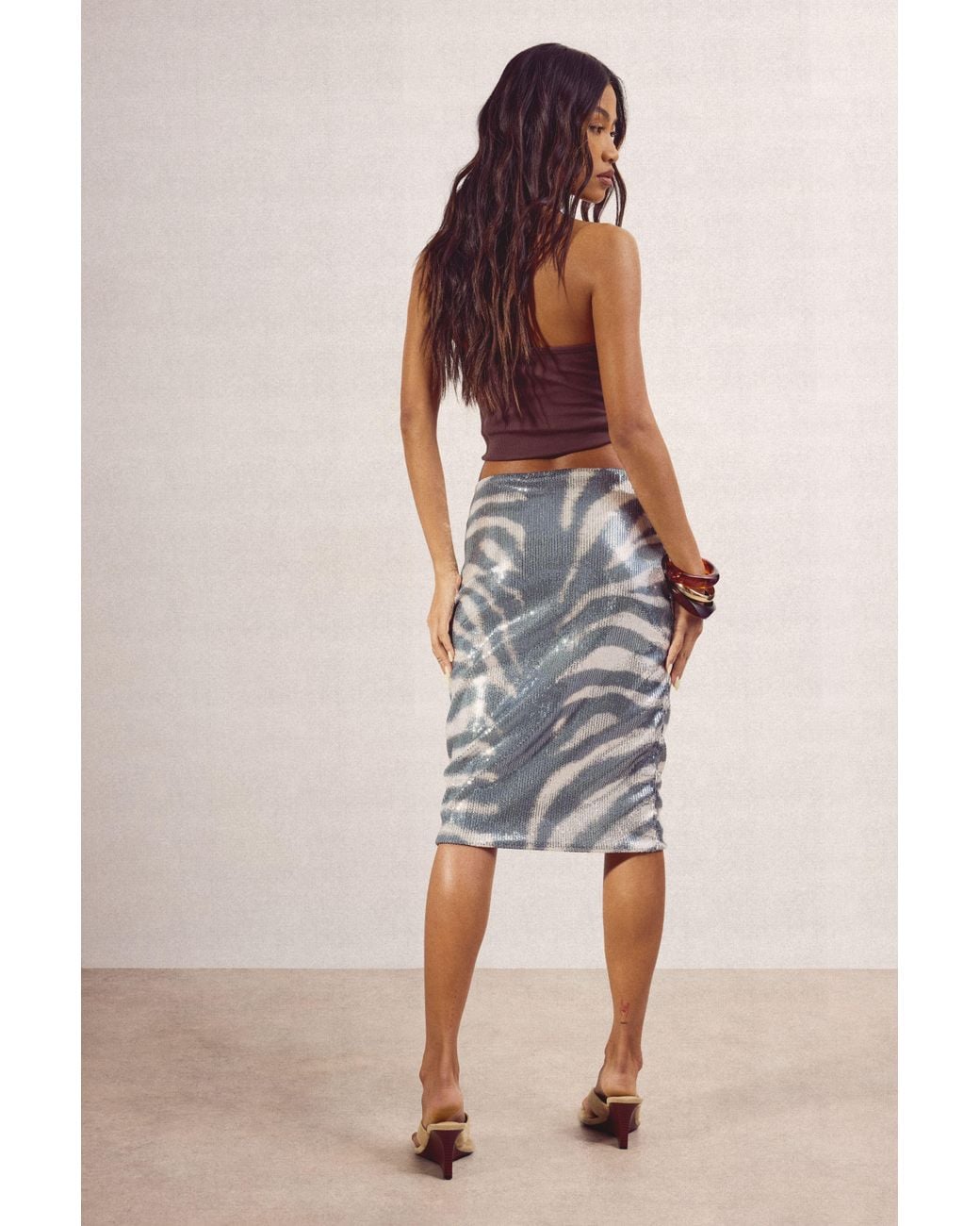 Boohoo Metallic Zebra Print Sequin Midi Skirt