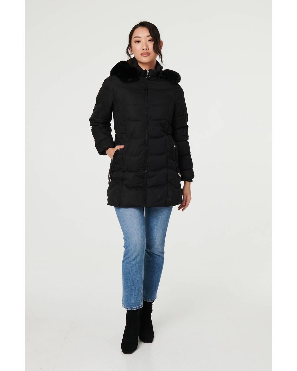 Izabel London Black Hooded Faux Fur Trim Zip Puffer Jacket