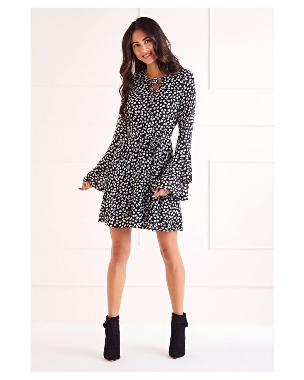 Mela London Black Falling Leaves Print Double Trumpet Sleeve Dress