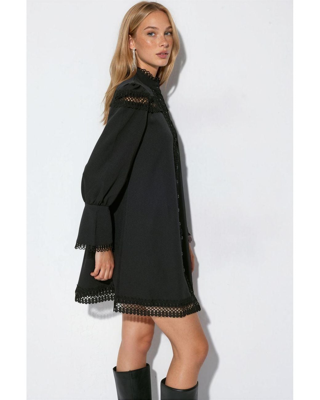 Msn-Collection Black Mini Lace Dress With Mandarin Collar