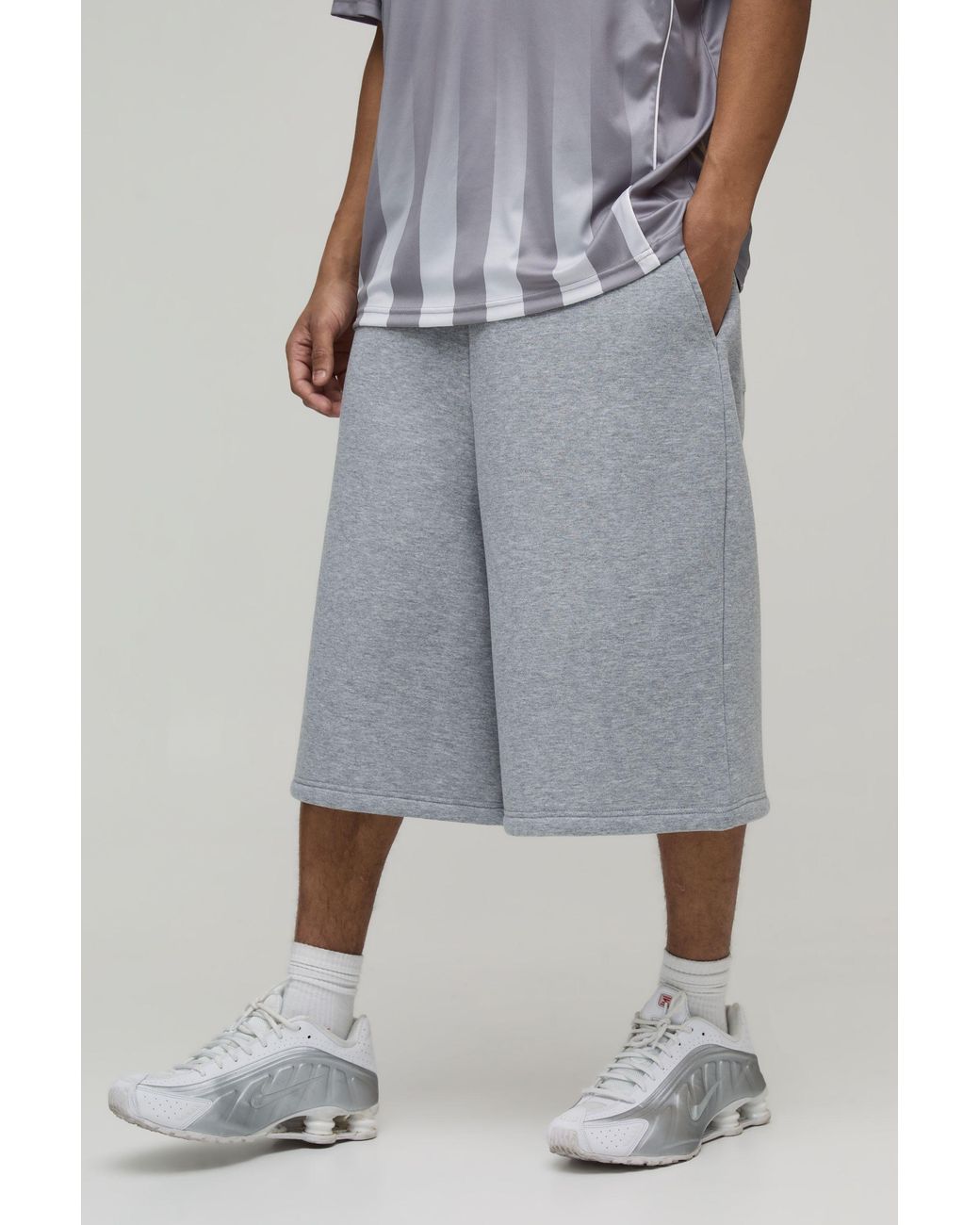 BoohooMAN Gray Baggy Fit Double Waistband Bermuda Jort for men