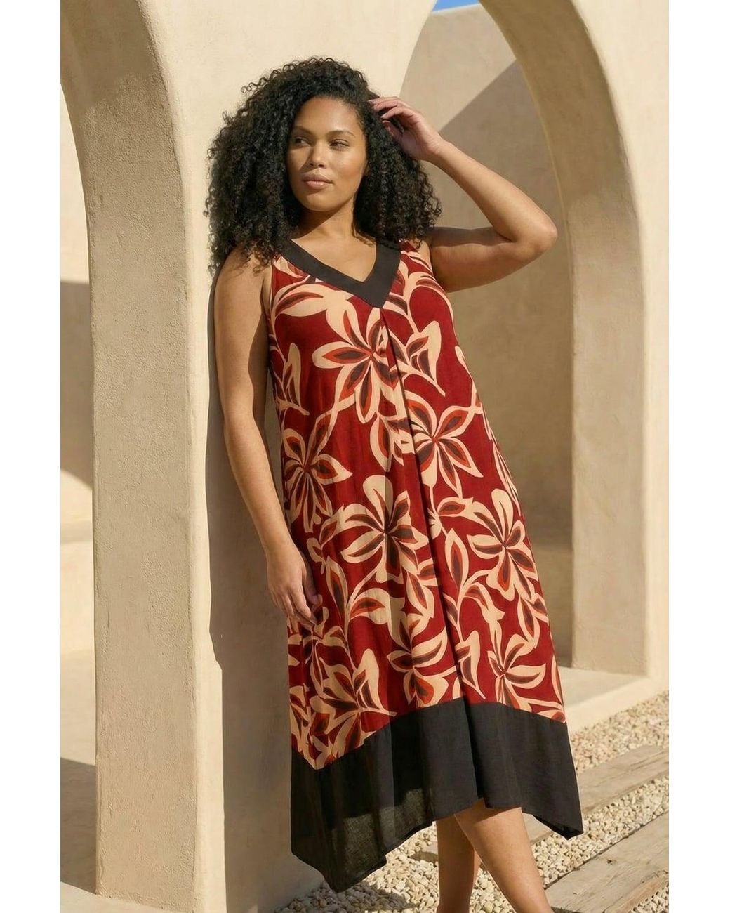 Roman Red Curve Floral Print V-Neck Dress