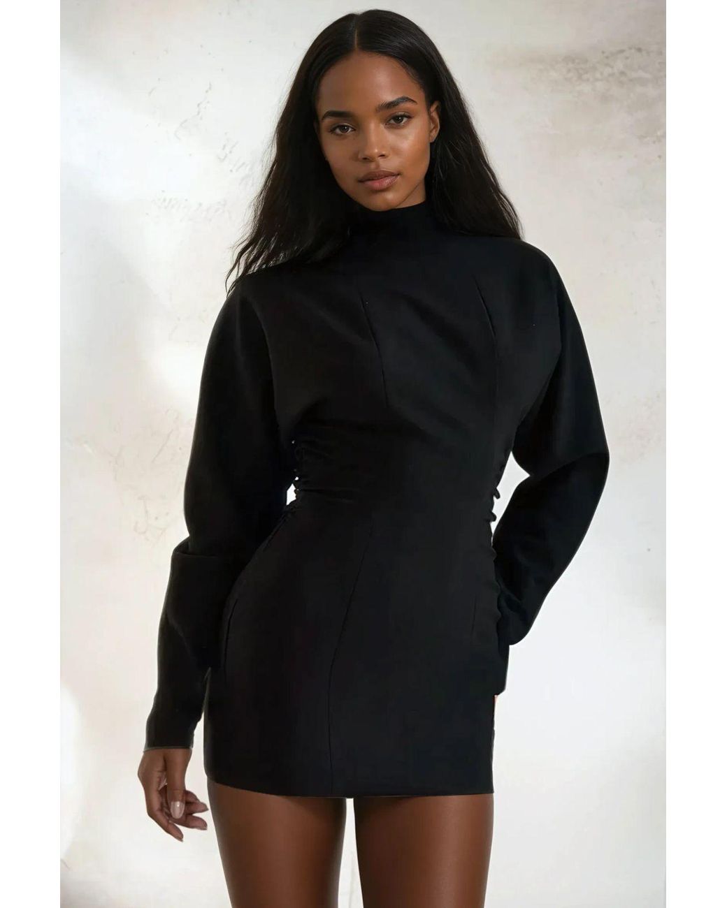Hiccup Black Batwing Sleeved Pleated Bodycon Dress