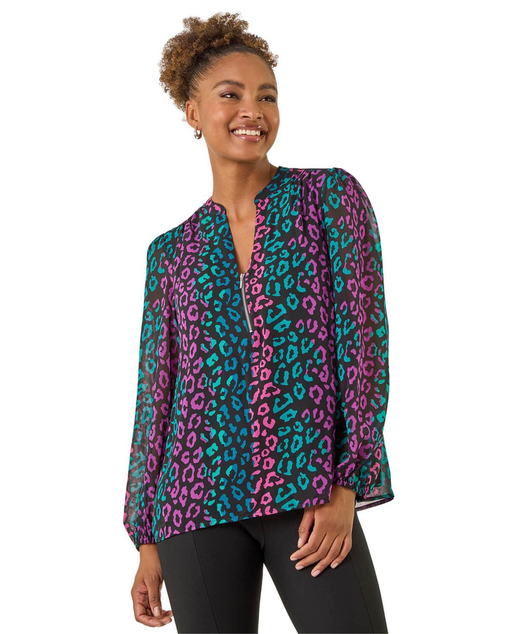 Roman Blue Animal Print Zip Front Top