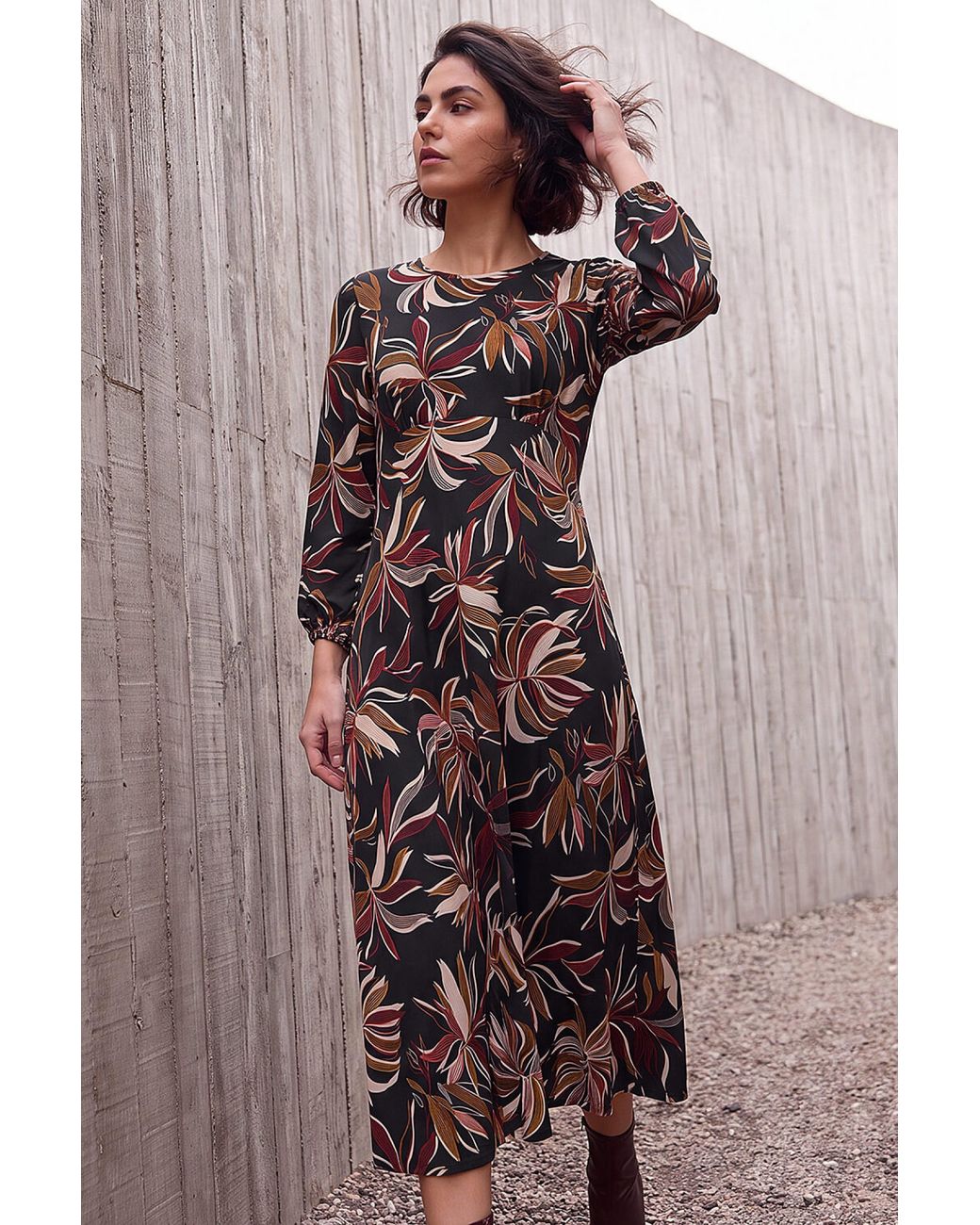 Roman Brown Leaf Print A-Line Dress
