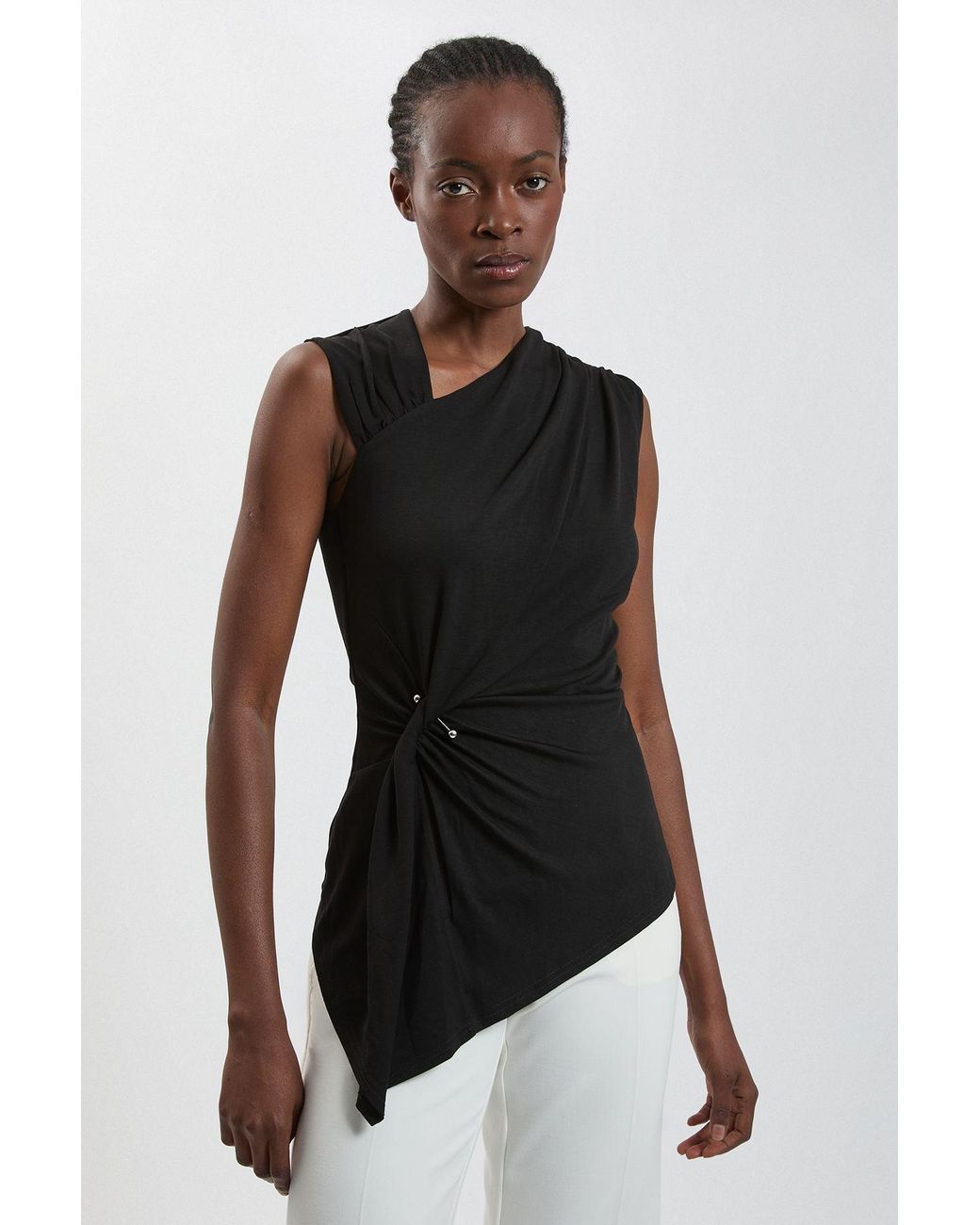 Karen Millen Black Viscose Metal Clasp Detail Jersey Top With Asymmetrical Hem
