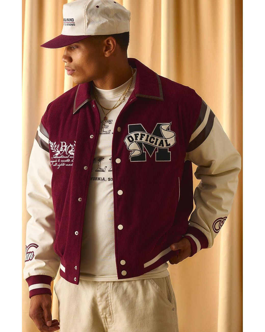 BoohooMAN Purple Regular Fit Cord Applique Pu Sleeve Varsity Jacket for men