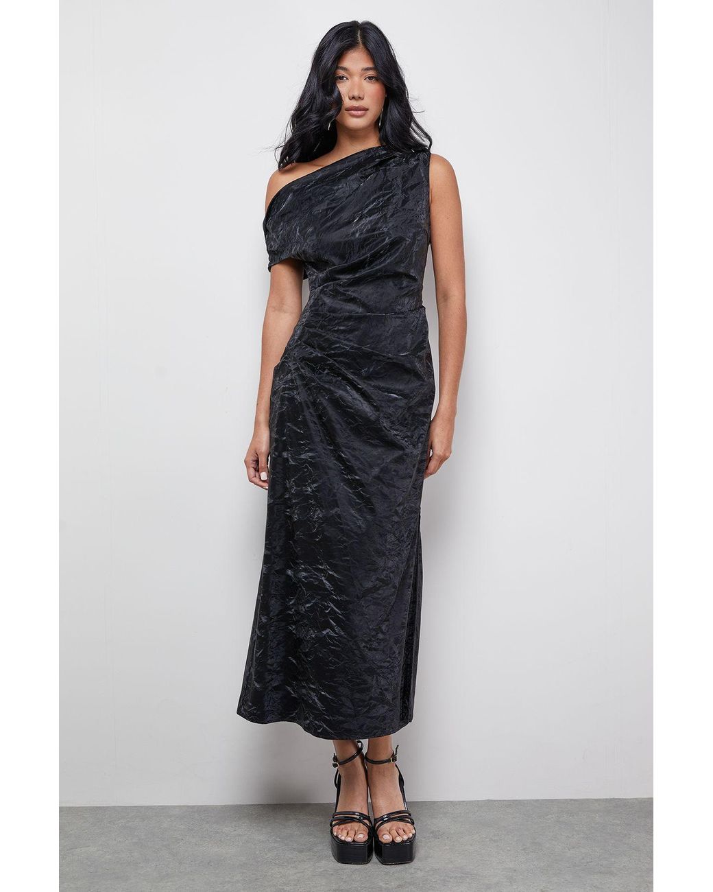 Warehouse Blue Faux Crinkle Leather Fallen Shoulder Ruched Waist Midi Dress