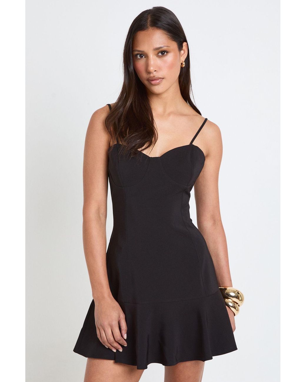 Boohoo Black Stretch Crepe Cami Bust Cup Frill Hem Mini Dress