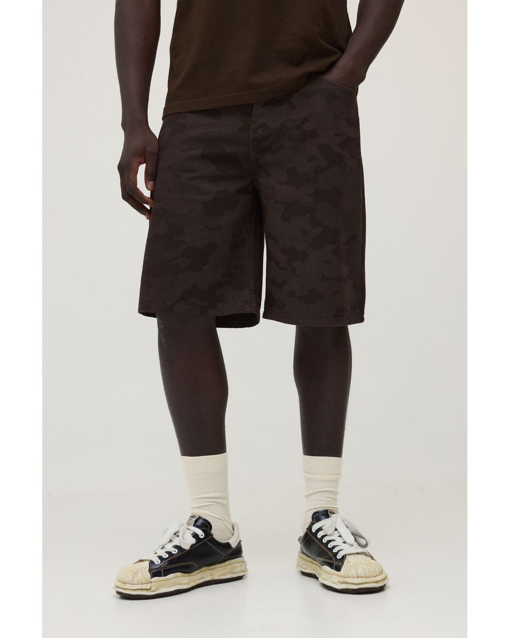 BoohooMAN Black Adjustable Waist Chain Detail Camo Parachute Jorts for men