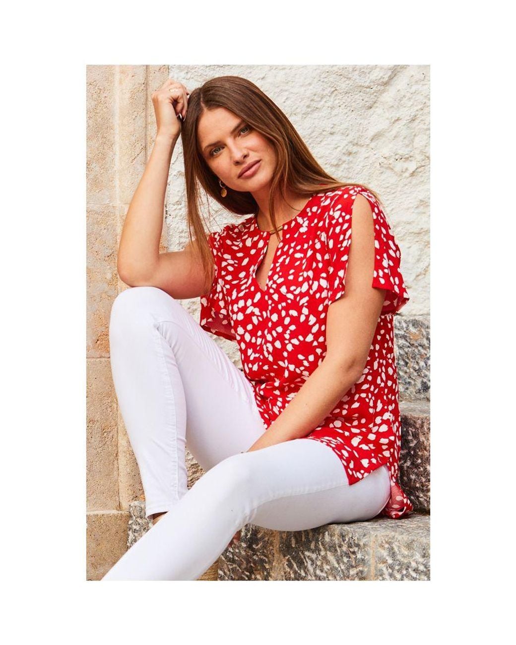 Sosandar Red Fleck Print Split Sleeve Tab Detail Tunic Top