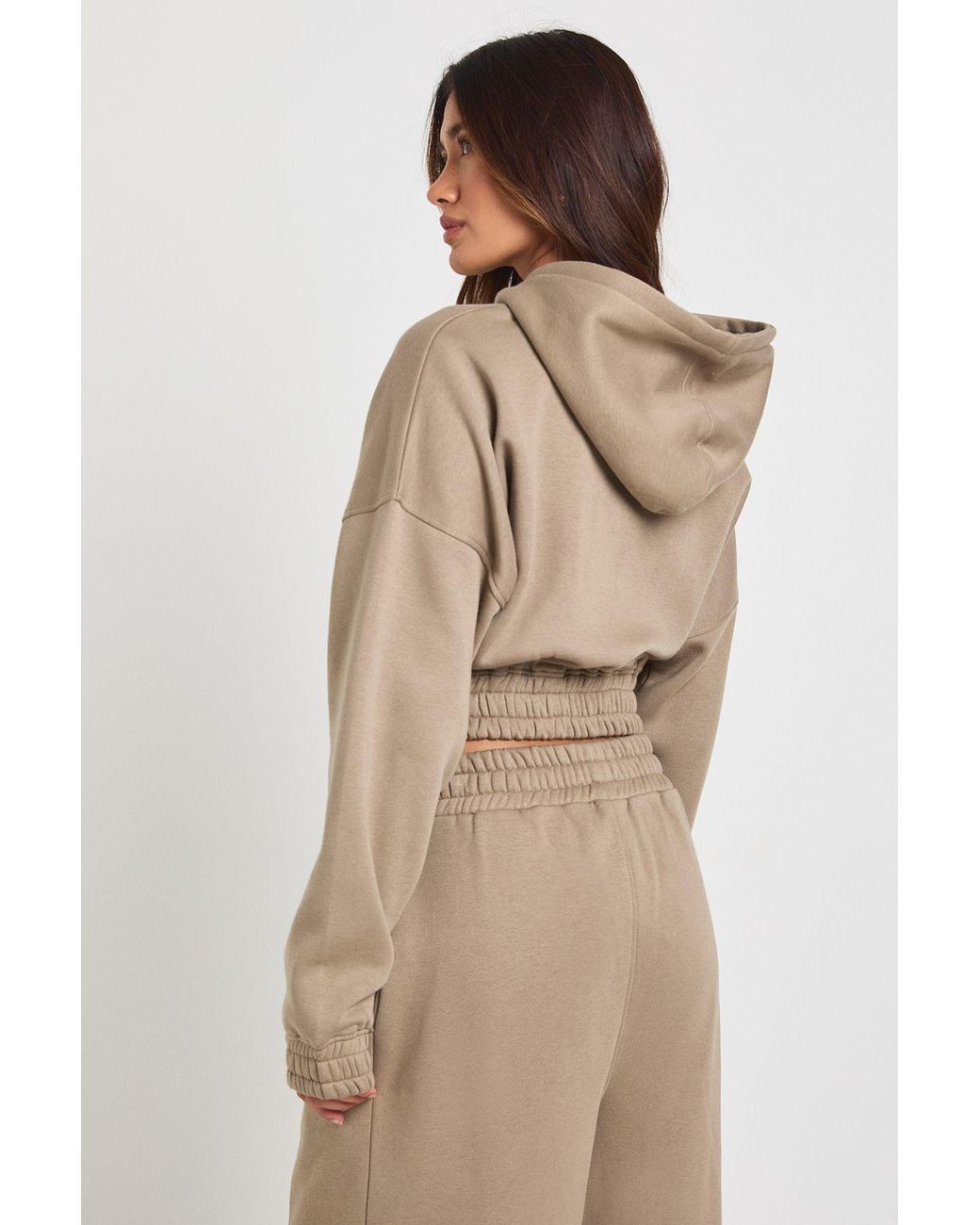 Boohoo Brown Cropped Double Zip Cinched Waist Hoodie