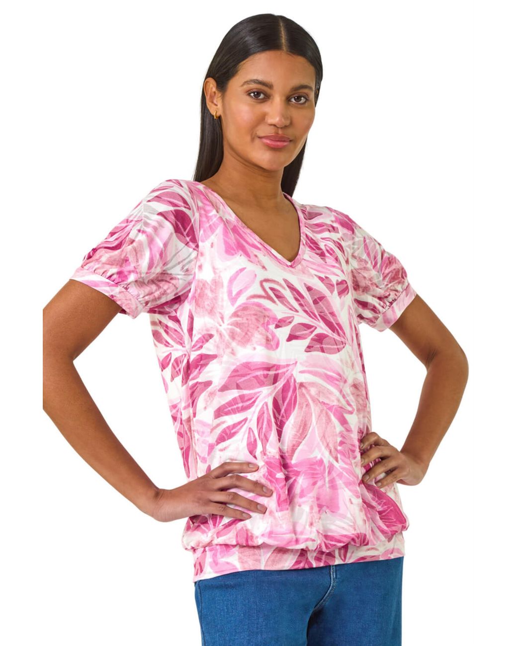 Roman Pink Floral Print Burnout V-Neck Top