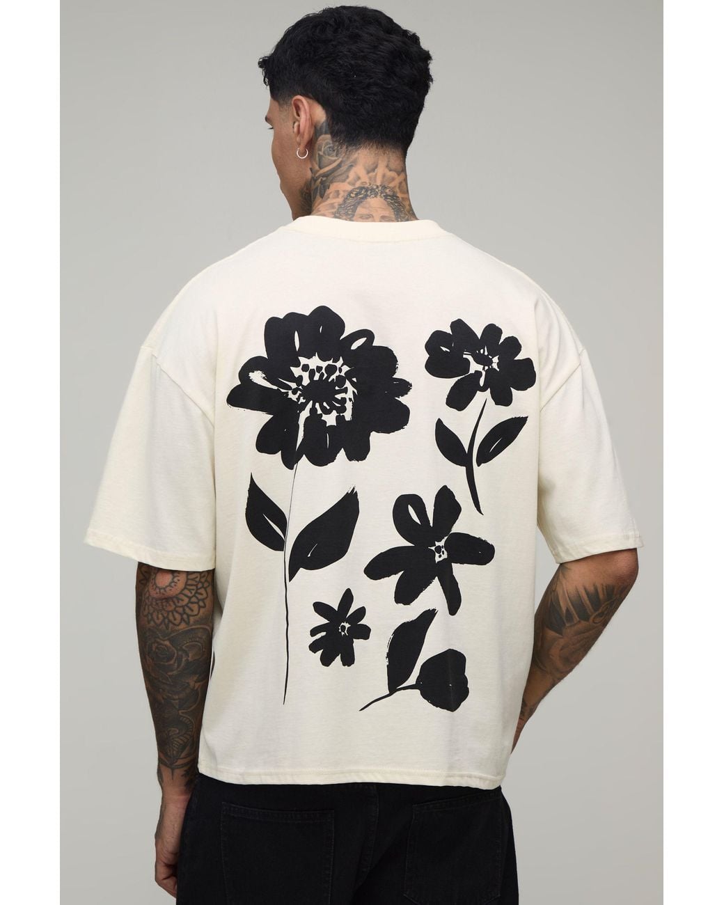 BoohooMAN Gray Tall Oversized Boxy Extended Neck Floral Print T-Shirt Cotton for men
