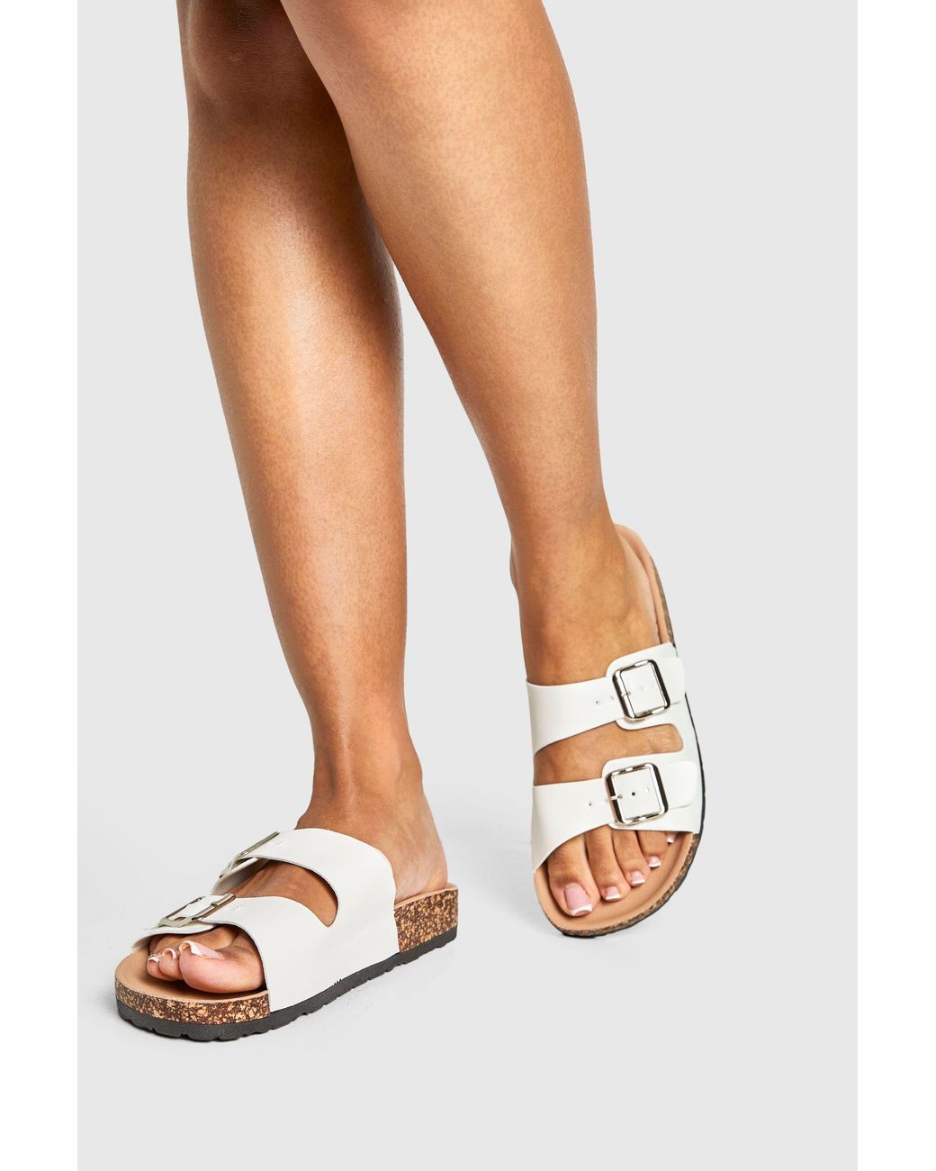 Boohoo White Double Buckle Footbed Slider