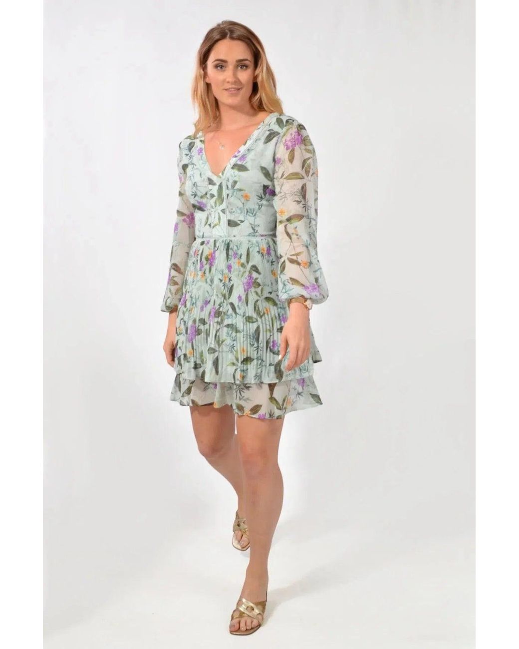 Oasis Green Floral Chiffon Long Sleeve Dress