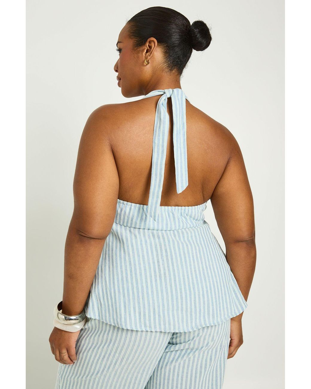 Boohoo Blue Plus Halter Tie Front Stripe Peplum Top