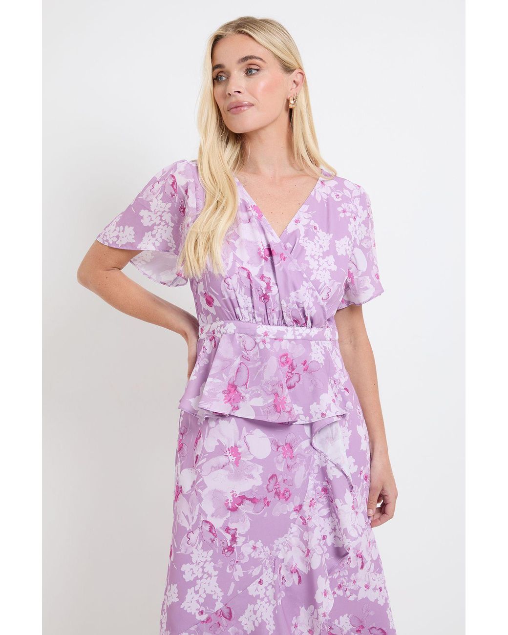 Wallis Pink Petite Floral Ruffle Peplum Midi Dress