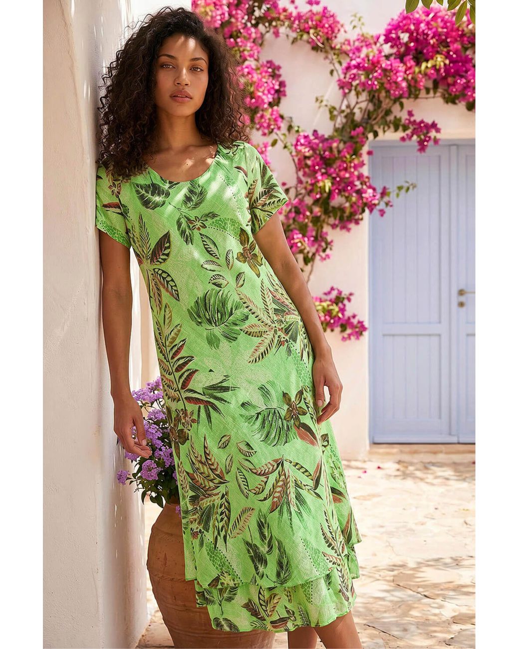 Roman Green Petite Leaf Print Layered Hem Dress