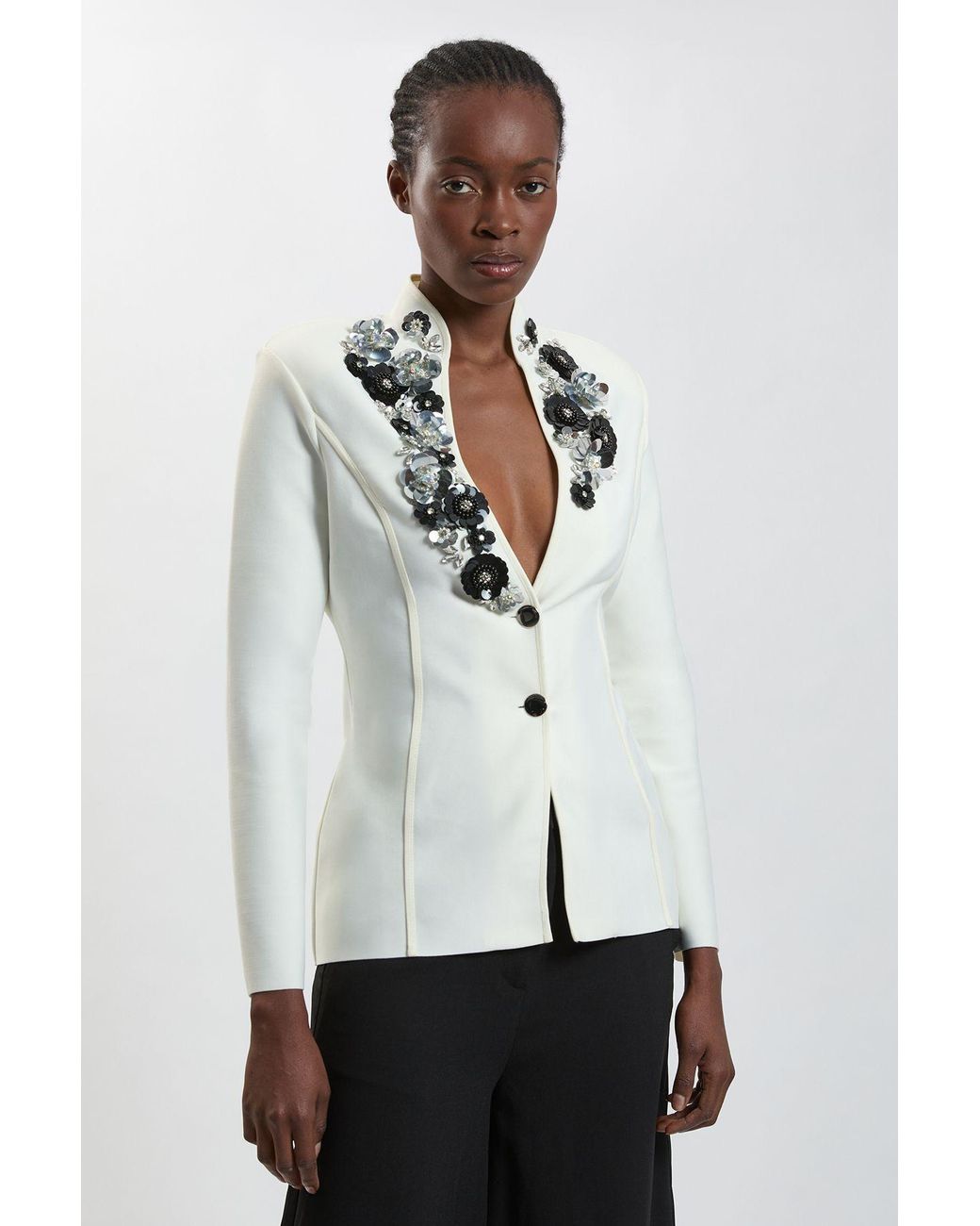 Karen Millen White Embellished Figure Form Fitted Blazer Jacket
