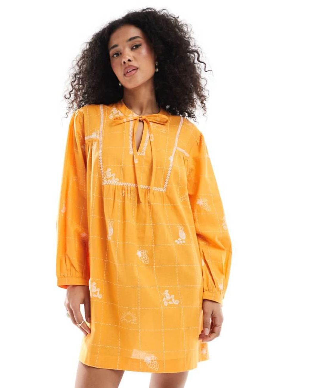 Native Youth Orange Embroidered Puff Sleeve Mini Smock Dress