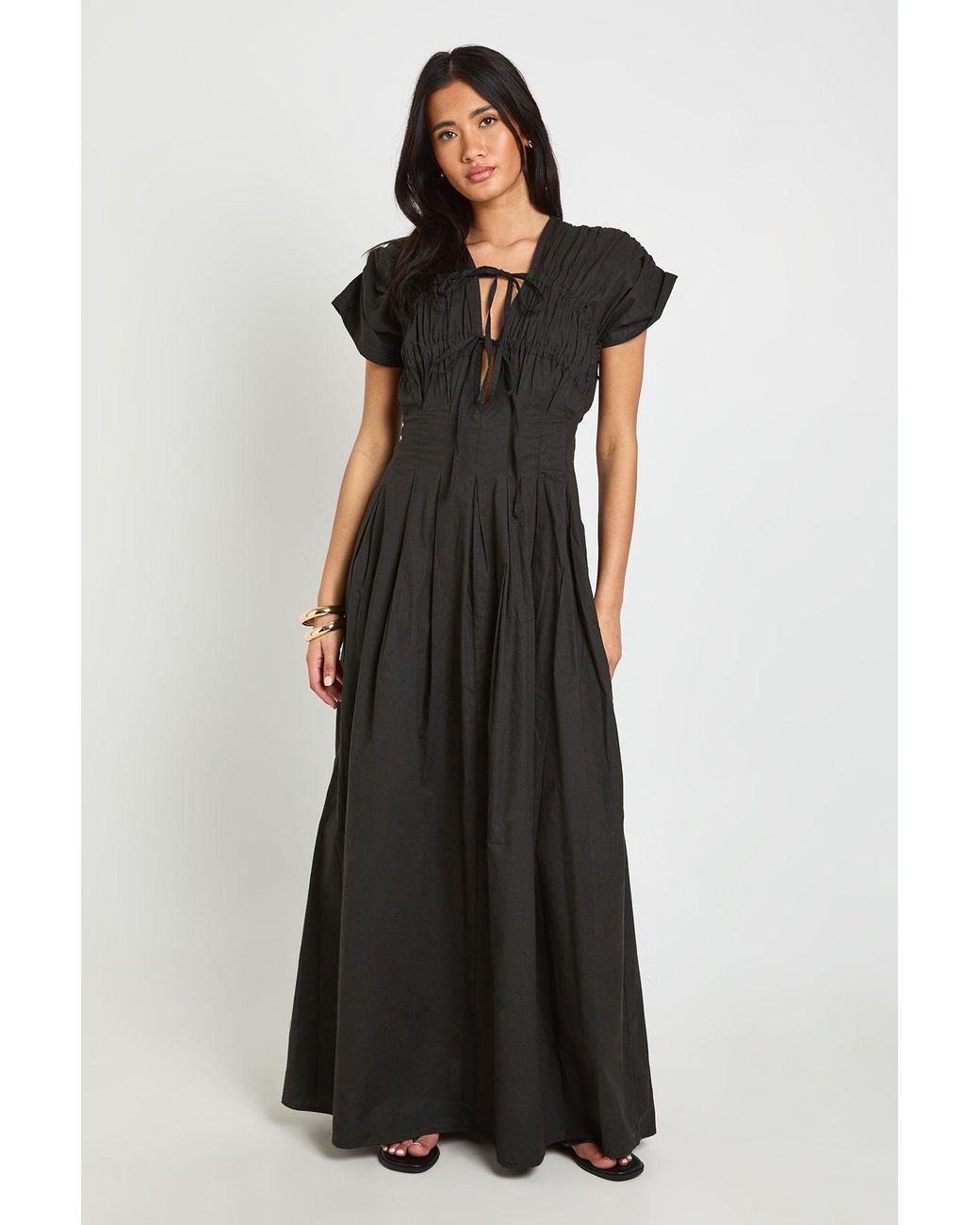 Boohoo Black Cotton Poplin Ruched Tie Waist Detail Maxi Dress