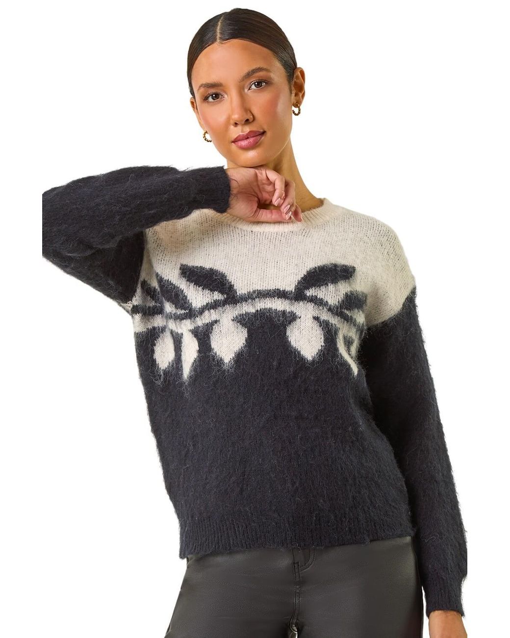 Roman Black Leaf Jacquard Crew Neck Knit Jumper