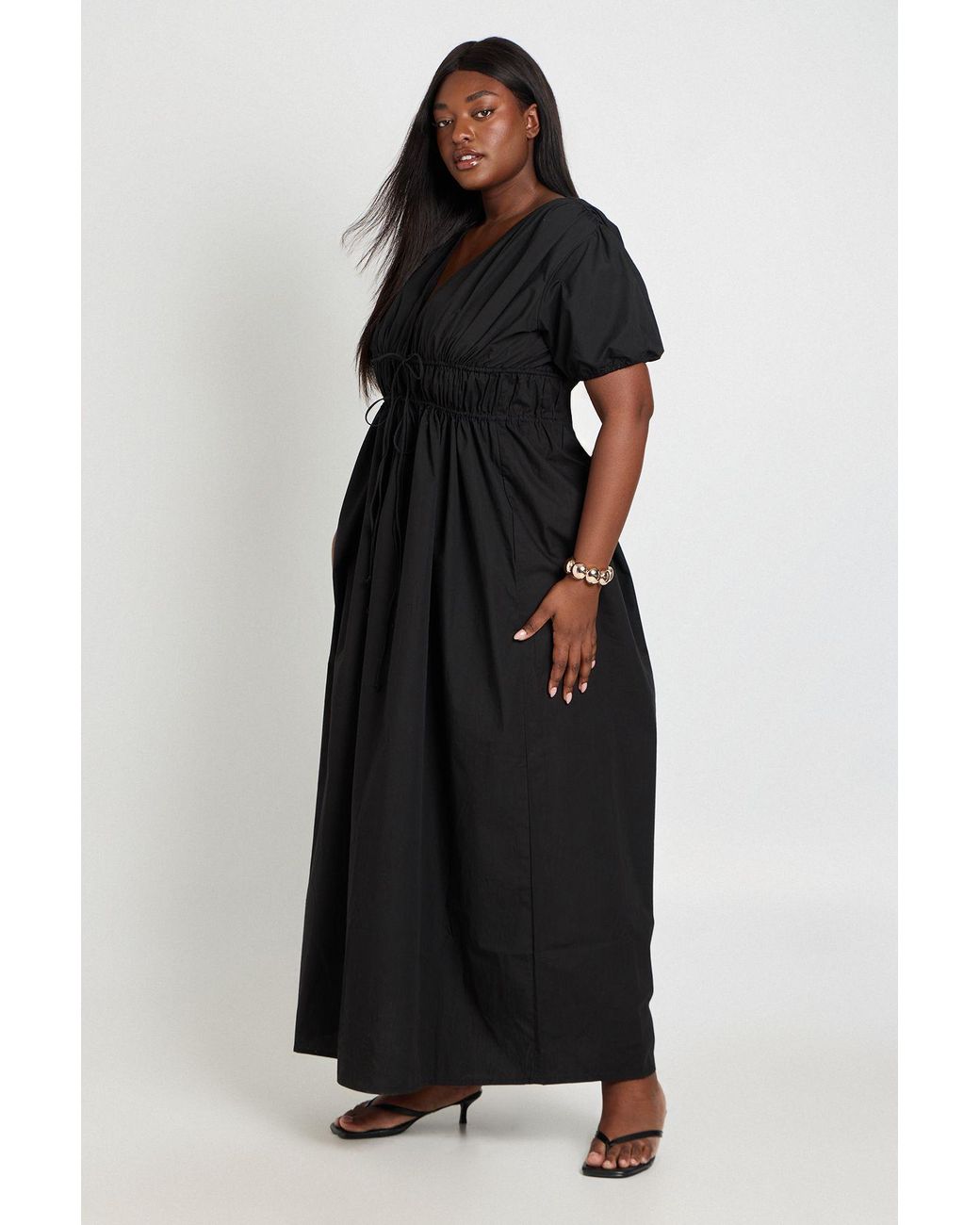 Boohoo Black Plus Ruched Tie Front Maxi Dress