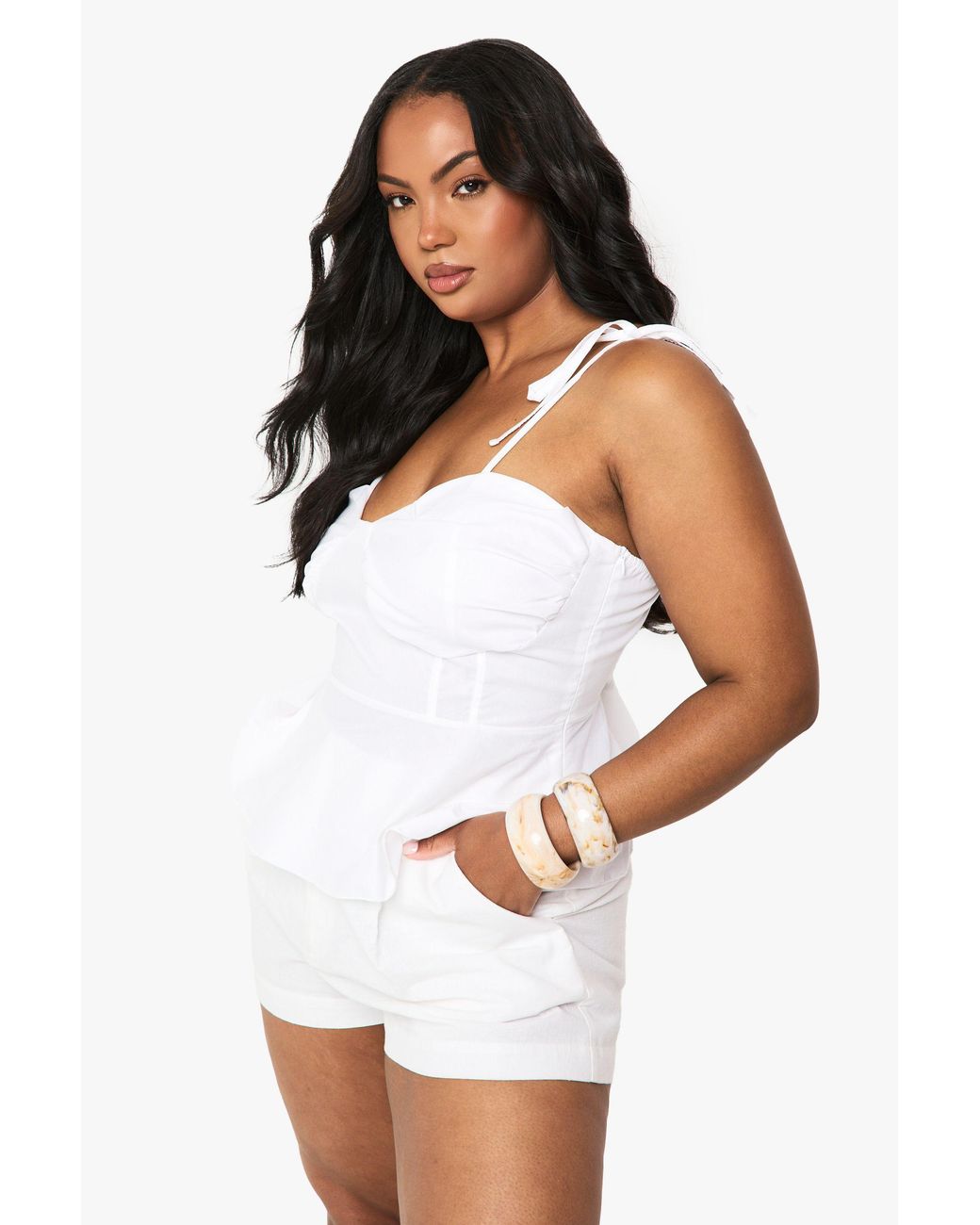 Boohoo White Plus Bust Detail Tie Strap Top