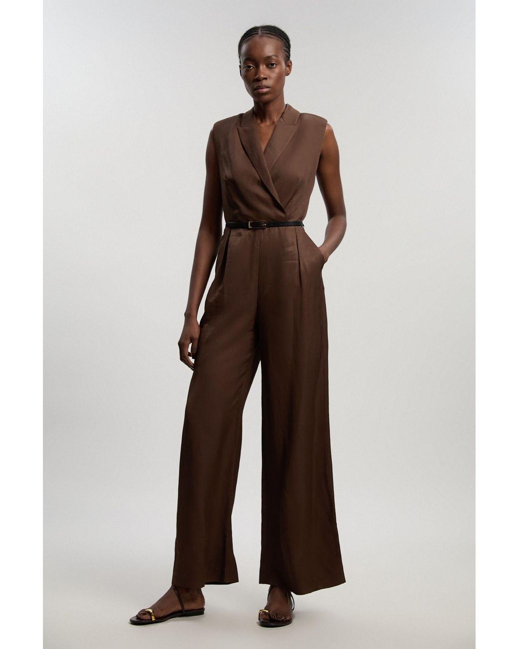 Karen Millen Brown Premium Viscose Linen Tailored Belted Wide Leg Jumpsuit