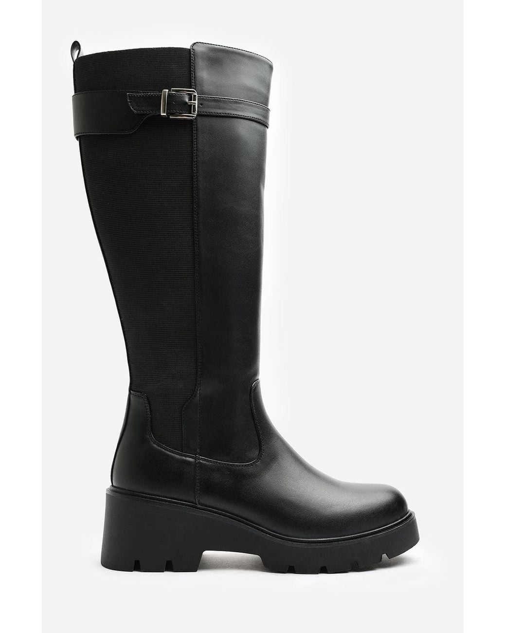 Where's That From Black Erelia Wide Fit Stretch Panel Buckle Detail Wedge Boots